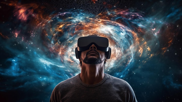 L'uomo che indossa occhiali futuristici per la realtà virtuale viene trasportato nello spazio IA generativa