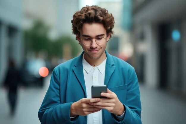 L'uomo che indossa una giacca blu è visto guardare il suo smartphone