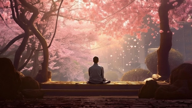 L'uomo che medita sotto un fiore di ciliegio un processo di rilassamento come lo shinrinyoku può aiutare sia gli adulti che i bambini ad alleviare lo stress e migliorare la salute e il benessere in modo naturale Generato dall'IA