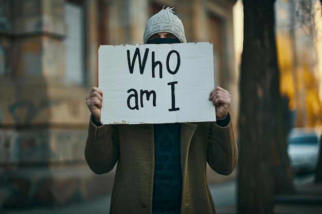 l'uomo che si copre la faccia con un cartello che dice chi sono