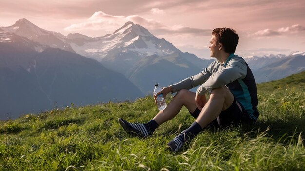 L'uomo ciclista seduto sull'erba e guardando le montagne