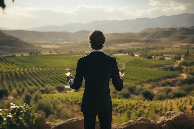 L'uomo con i bicchieri di vino in mano sta con le spalle ai vigneti IA generativa