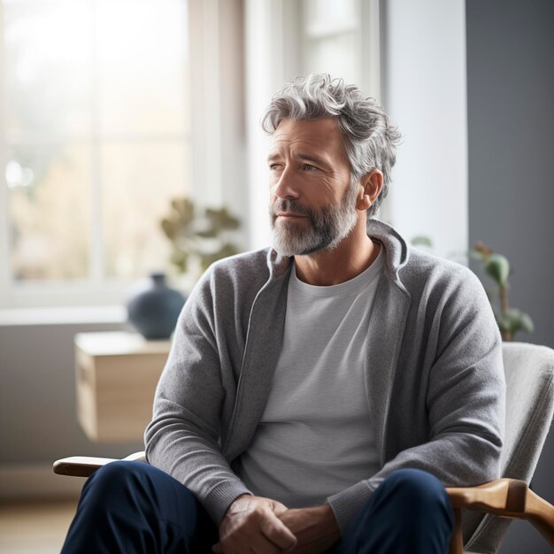 L'uomo con i capelli bianchi riposa Depresso si siede pensieroso guardando a destra il maschio malinconico solo a casa con lo sguardo perso Concetto di salute mentale e cura dell'anima