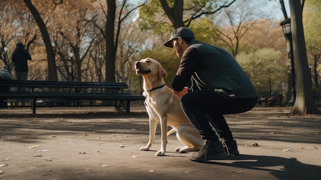 L'uomo con il cane gioca nel parco Illustrazione AI GenerativexA