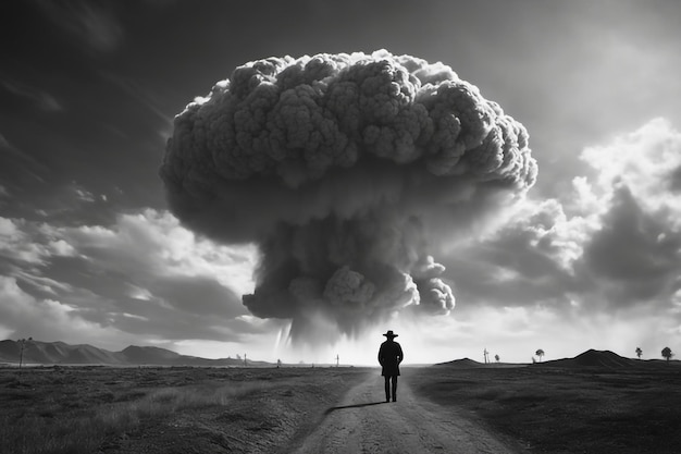 L'uomo con il cappello guarda l'esplosione della bomba atomica