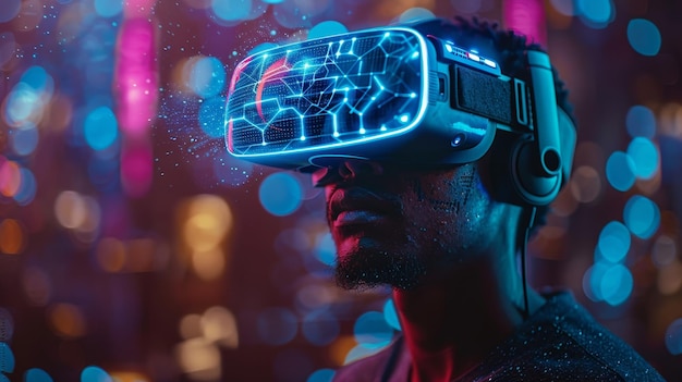 L'uomo con il copricapo di realtà virtuale o gli occhiali 3D della realtà virtuale sta guardando le interfacce olografiche della realtà Virtuale o le simulazioni di realtà aumentata.