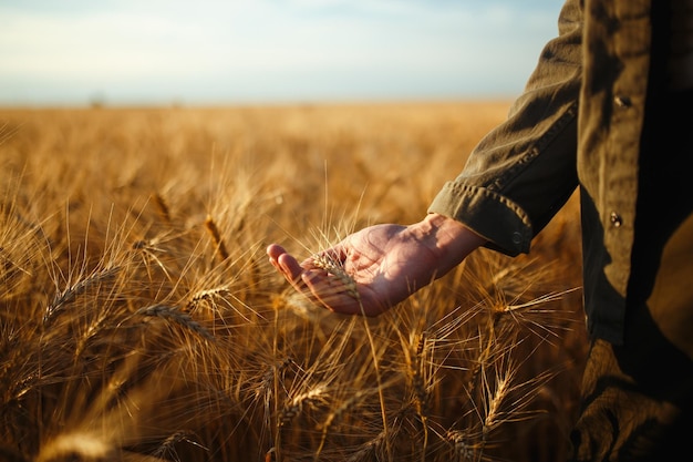 L'uomo con le spalle allo spettatore nel campo di grano toccato dalla mano dei picchi nella luce del tramonto