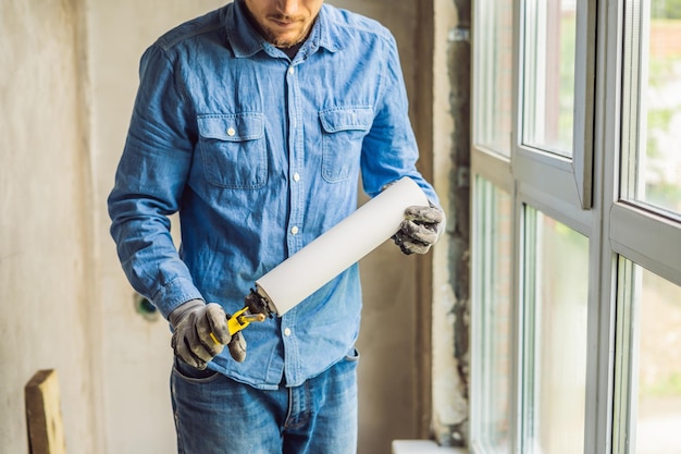 L'uomo con una camicia blu fa l'installazione della finestra. Utilizzando una schiuma di montaggio