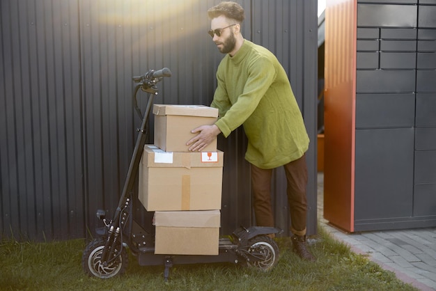 L'uomo consegna merci in scooter elettrico