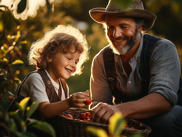L'uomo contadino e il bambino raccolgono un fresh yab di mele raccogliendo lo sfondo del frutteto generativo ai