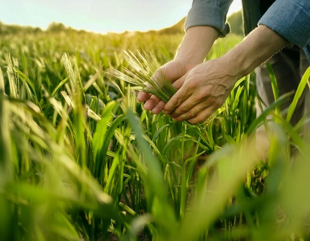 L'uomo contadino tocca con la mano le foglie verdi del grano giovane campo verde agricoltura naturale agricoltura