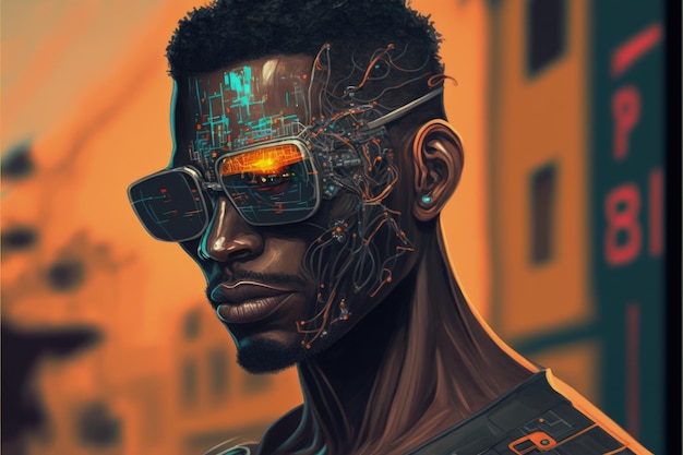 L'uomo cyborg che indossa una maschera futuristica con effetto glitch Concetto di fantasia Pittura illustrativa IA generativa