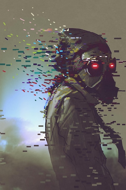 l'uomo cyborg in una maschera futuristica con effetto glitch, stile arte digitale, pittura illustrativa