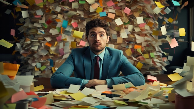 L'uomo d'affari al lavoro coperto di note adesive stressa la salute mentale e il burnout