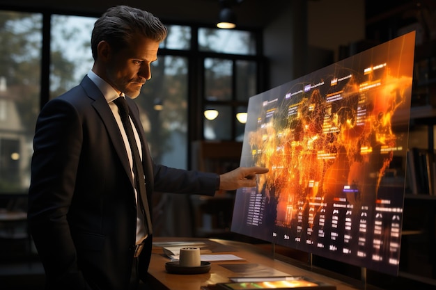 L'uomo d'affari analizza la redditività delle aziende che lavorano con l'infografica grafica della realtà aumentata digitale ai generata con l'intelligenza artificiale