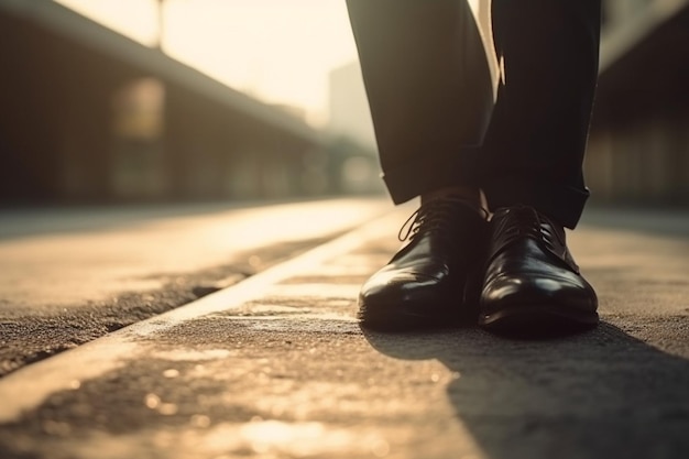 L'uomo d'affari cammina sulla strada e inizia a raggiungere il successo primo piano scarpe concetto di obiettivo di camminata Ai generativo