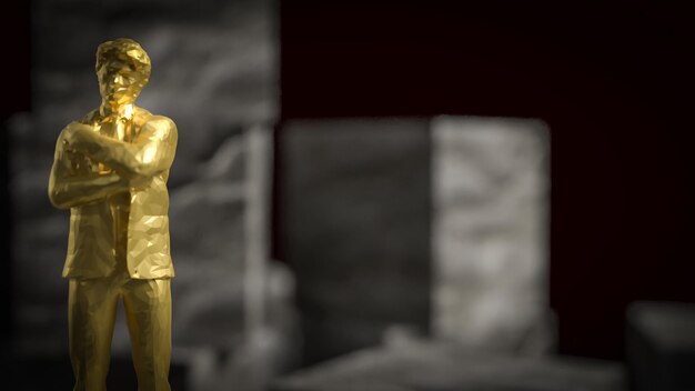L'uomo d'affari d'oro in piedi su un cubo di pietra su uno sfondo nero rendering 3D