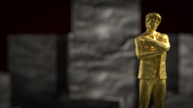 L'uomo d'affari d'oro in piedi su un cubo di pietra su uno sfondo nero rendering 3D