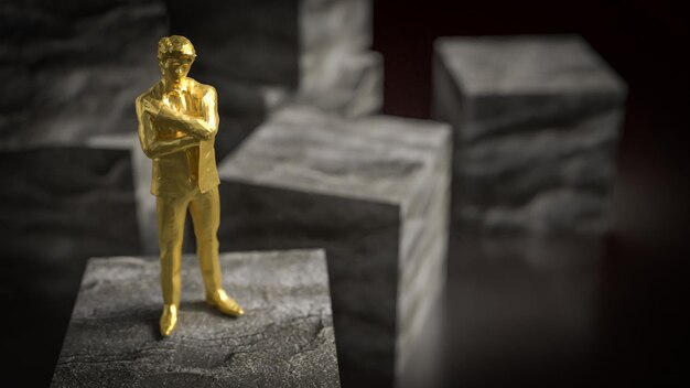 L'uomo d'affari d'oro in piedi su un cubo di pietra su uno sfondo nero rendering 3D