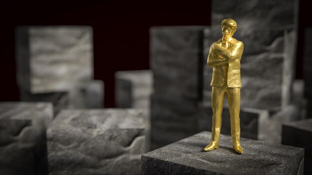 L'uomo d'affari d'oro in piedi su un cubo di pietra su uno sfondo nero rendering 3D