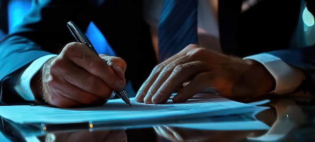L'uomo d'affari firma documenti professionali di investimento con una penna che fa la firma