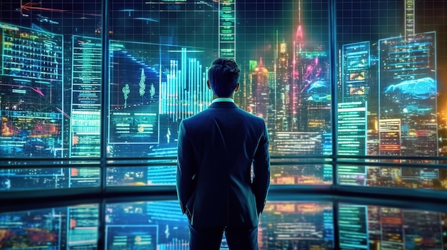 L'uomo d'affari guarda fuori dalla finestra e vede i grafici finanziari Concetto di investimenti economici generato dall'intelligenza artificiale