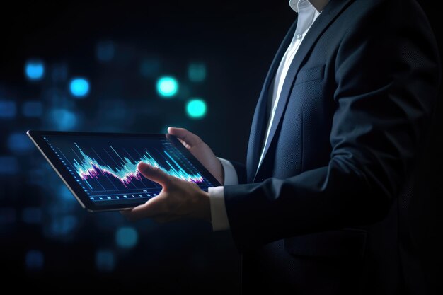 l'uomo d'affari indica un grafico che descrive gli obiettivi finanziari e la pianificazione aziendale a livello mondiale