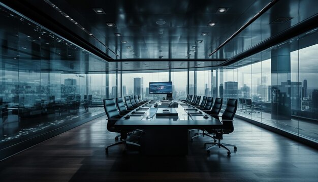 L'uomo d'affari moderno attende nella sala riunioni vuota illuminata dal metallo generato dall'intelligenza artificiale