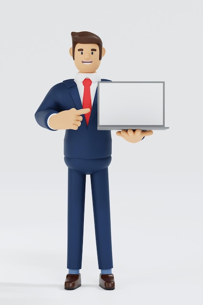 L'uomo d'affari mostra e indica lo schermo del laptop vuoto per promuovere il sito web dell'applicazione online business market 3D rendering personaggio dei cartoni animati