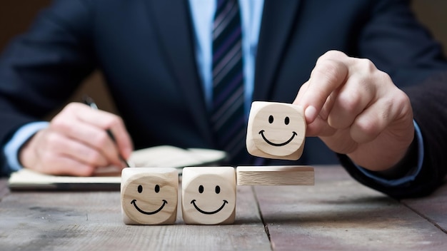 L'uomo d'affari sceglie una faccia sorridente felice su un blocco di legno