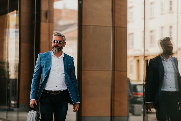 L'uomo d'affari senior moderno con una borsa esce dalla società moderna