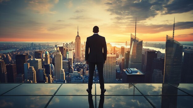 l'uomo d'affari si trova in cima al grattacielo guardando verso il tramonto