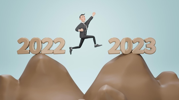 l'uomo d'affari sta saltando sulla scogliera e salta tra il 2022 e il 2023