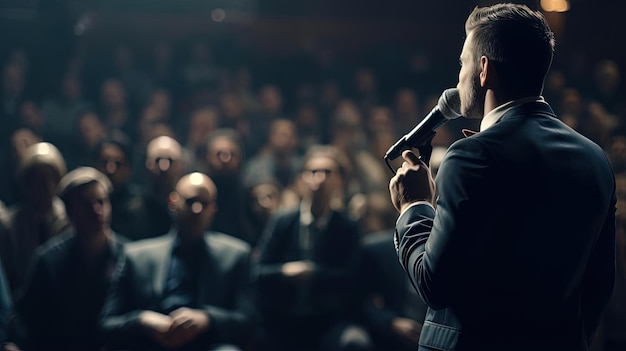 l'uomo d'affari tiene il microfono sul palco di fronte a una folla in stile linguistico