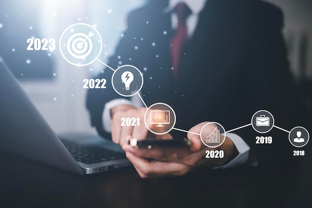 L'uomo d'affari tiene uno smartphone con una freccia del grafico dei dati di crescita con un diagramma Budget 2023 Obiettivo che punta al grafico della freccia crescita futura aziendale anno 2018-2023 Sviluppo per la motivazione del successo