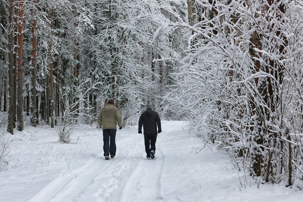 L'uomo degli sport invernali sulla neve corre nel parco degli alberi