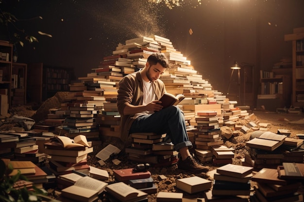 L'uomo dell'oasi immerso in un libro su un mucchio