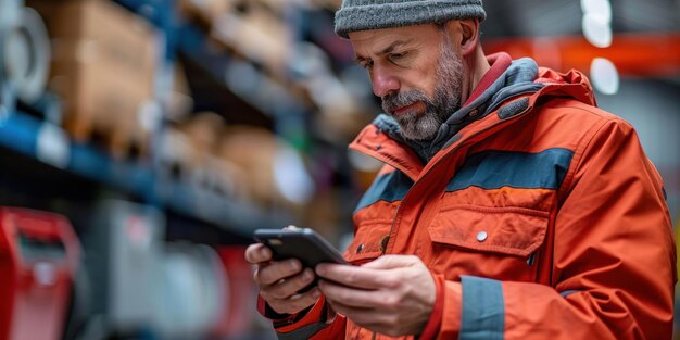 L'uomo della contemplazione digitale in giacca arancione che controlla il telefono