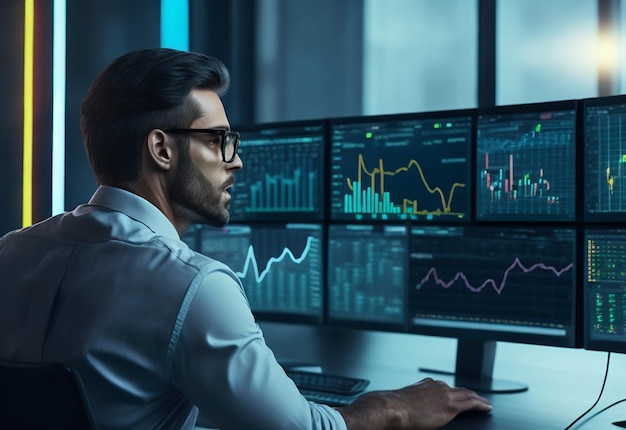 L'uomo della foto siede a una scrivania con più monitor che visualizzano i dati del mercato azionario