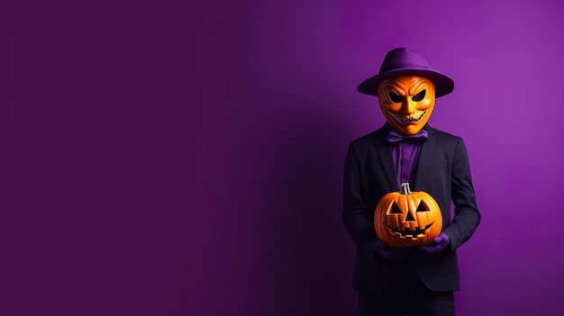 L'uomo della zucca di Halloween con un cappello e un abito su uno sfondo viola