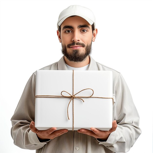 L'uomo delle consegne consegna un pacco bianco bianco