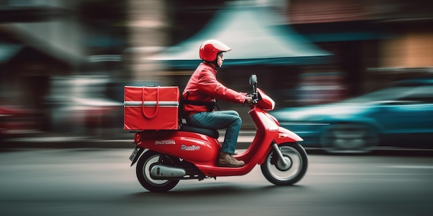 L'uomo delle consegne guida una motocicletta con sfocatura del movimento sullo sfondo del paesaggio urbano IA generativa