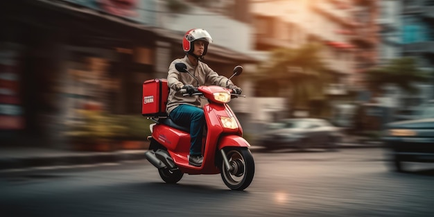 L'uomo delle consegne guida una motocicletta con sfocatura del movimento sullo sfondo del paesaggio urbano IA generativa