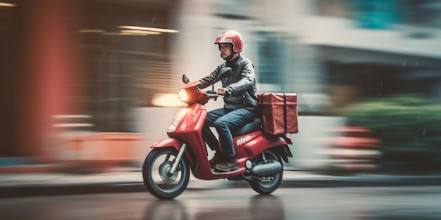 L'uomo delle consegne guida una motocicletta con sfocatura del movimento sullo sfondo del paesaggio urbano IA generativa