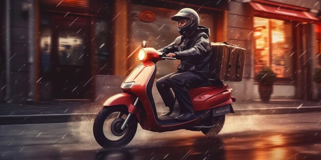 L'uomo delle consegne guida una motocicletta su uno sfondo di tempesta di tuoni IA generativa