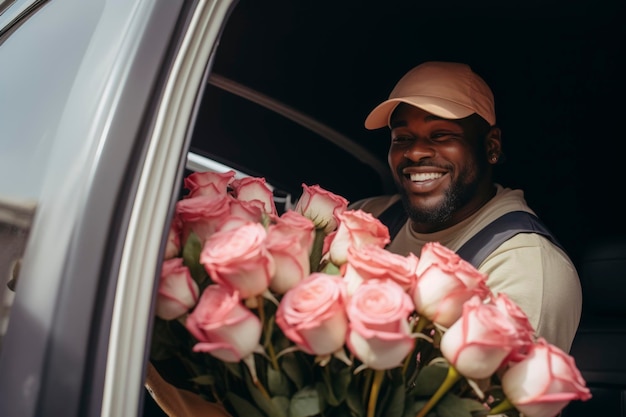 L'uomo delle consegne sorride con un bouquet di rose