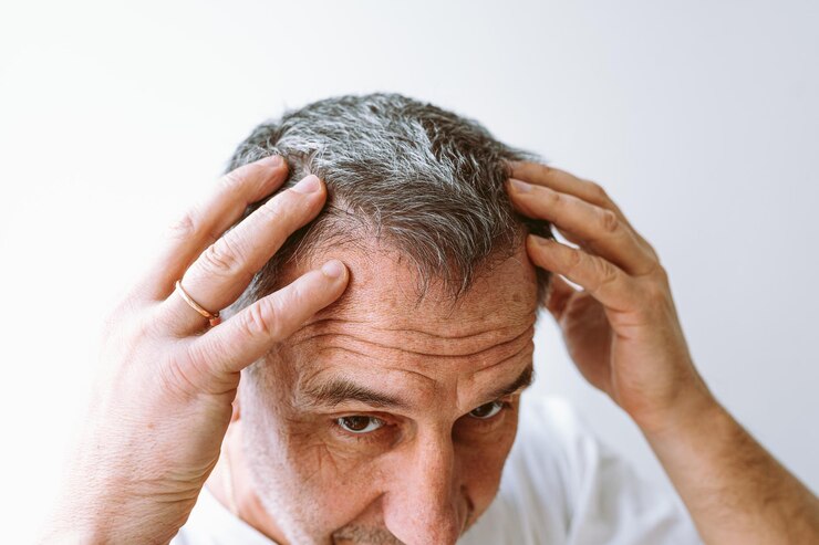 L'uomo di mezza età mostra capelli grigi, problemi di perdita di capelli, primo piano