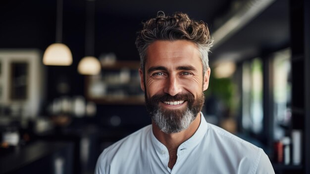 L'uomo di mezza età sorride alla telecamera