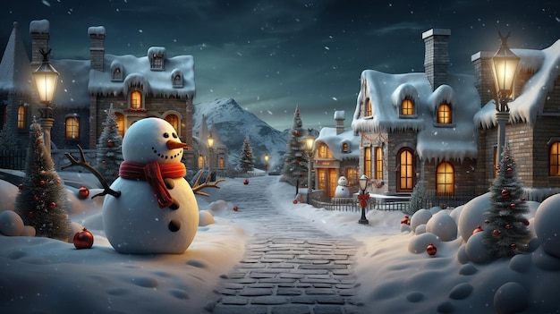 L'uomo di neve di notte sulla strada di Natale