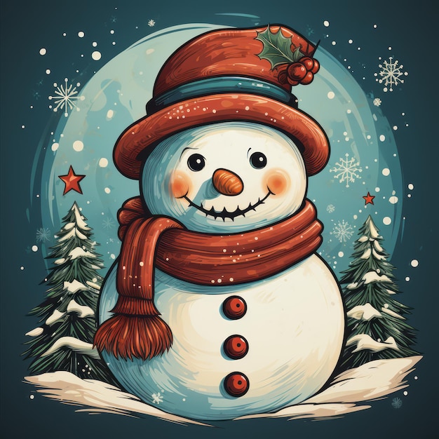 L'uomo di neve in stile retro Un'illustrazione vintage per le carte natalizie